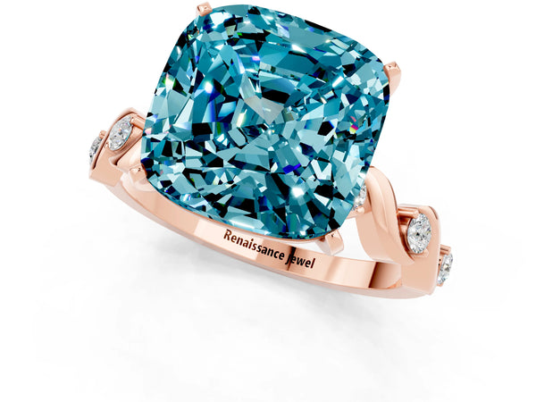 Rose gold Cushion Cut Blue Topaz Solitaire Twisted Band with Round  Accents and Prong Setting