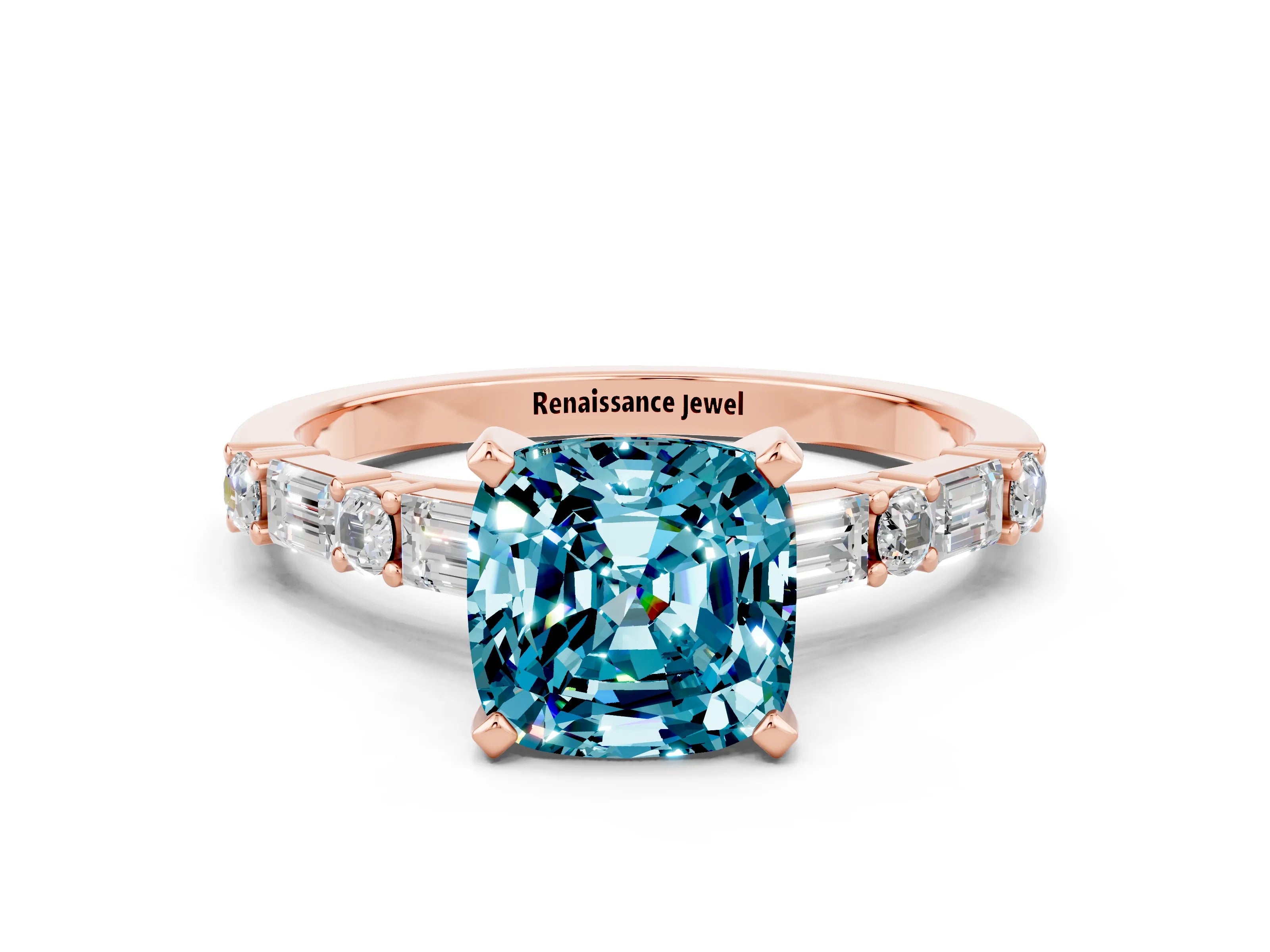 Rose gold Cushion Cut Blue Topaz Solitaire with Side Baguettes and Channel Set Band