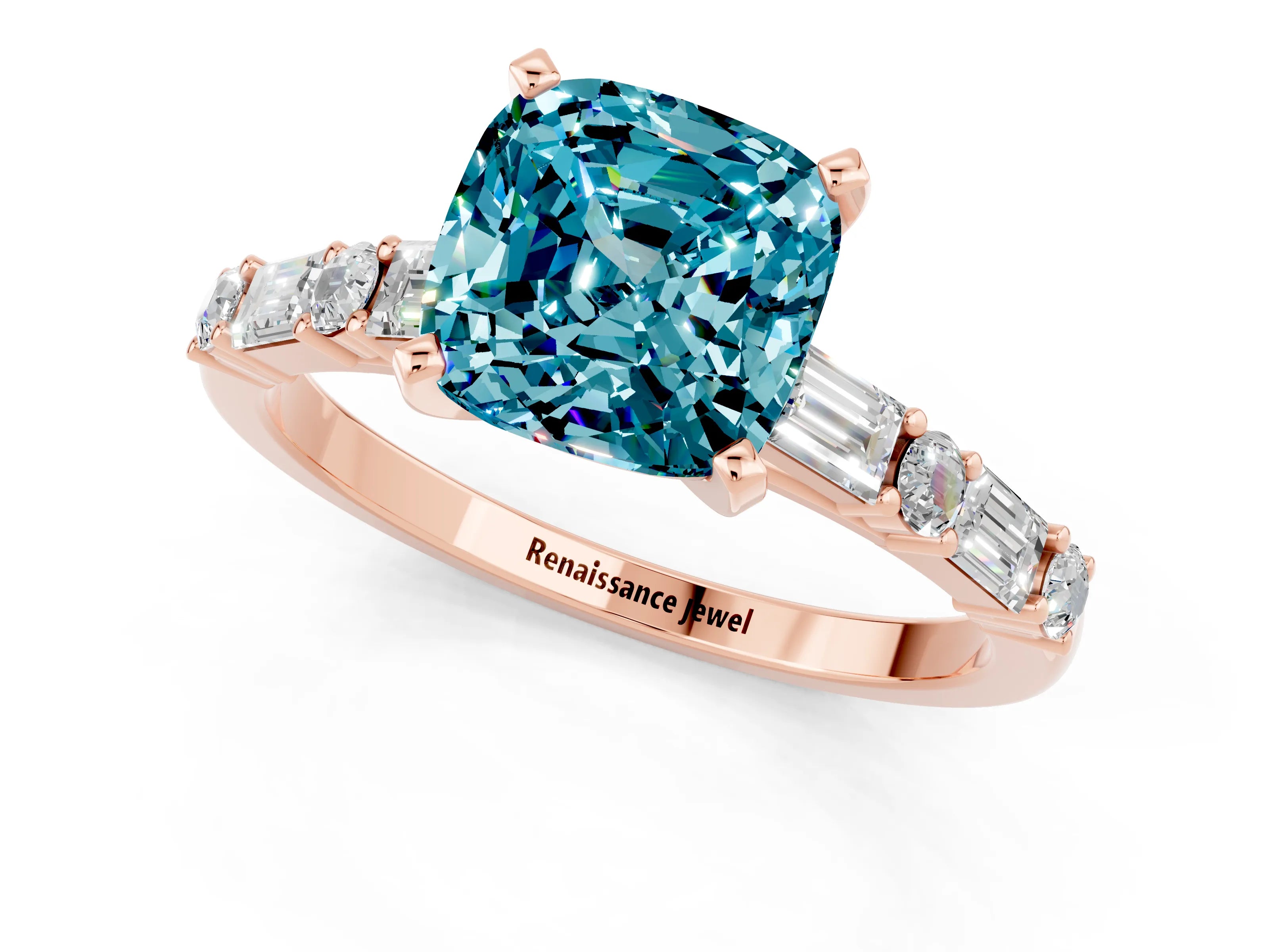 Rose gold Cushion Cut Blue Topaz Solitaire with Side Baguettes and Channel Set Band_1