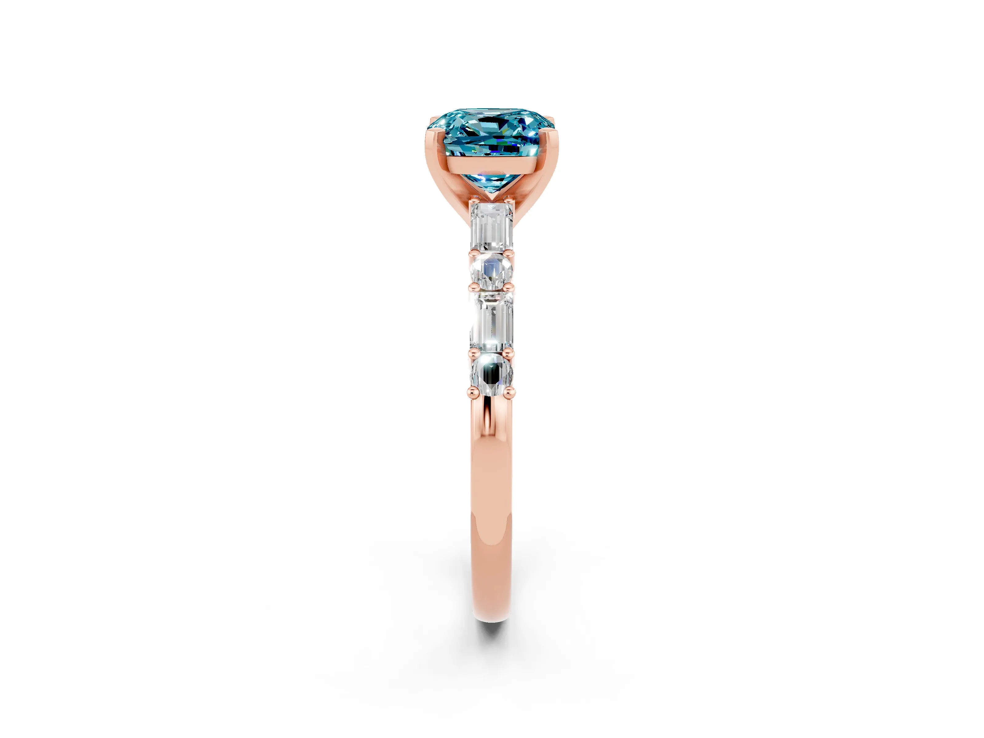 Rose gold Cushion Cut Blue Topaz Solitaire with Side Baguettes and Channel Set Band_2