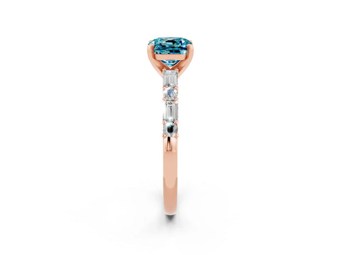 Rose gold Cushion Cut Blue Topaz Solitaire with Side Baguettes and Channel Set Band_2