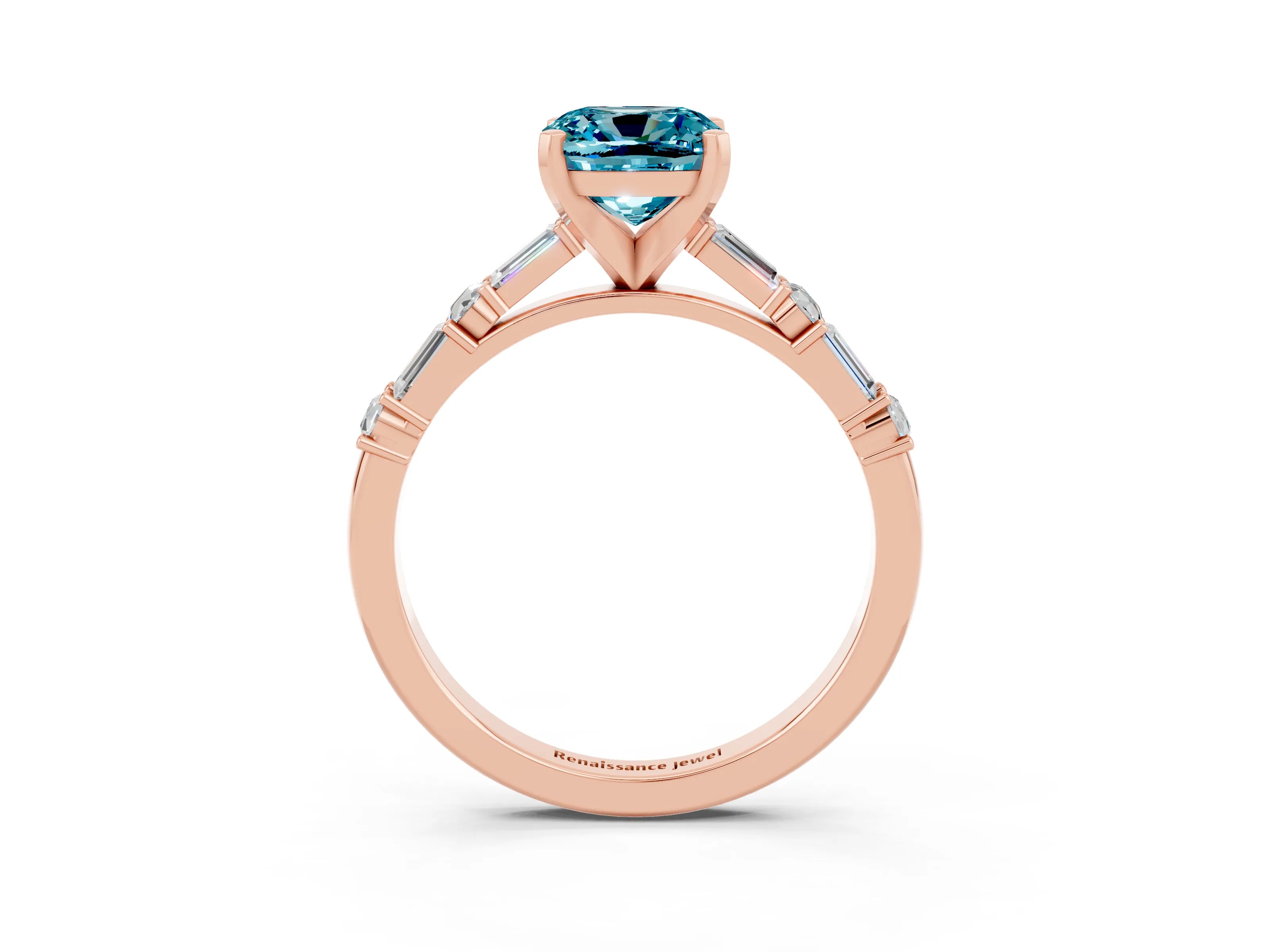 Rose gold Cushion Cut Blue Topaz Solitaire with Side Baguettes and Channel Set Band_3