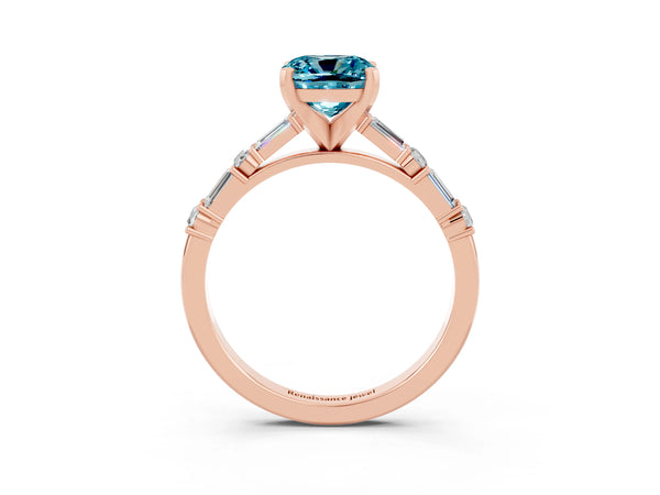 Rose gold Cushion Cut Blue Topaz Solitaire with Side Baguettes and Channel Set Band