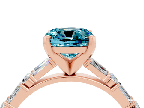 Rose gold Cushion Cut Blue Topaz Solitaire with Side Baguettes and Channel Set Band_4