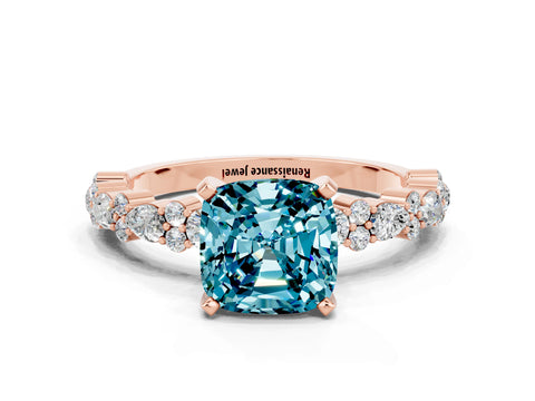 Rose gold Cushion Cut Blue Topaz Solitaire with Side Stones, Pave Band, Four-Prong Setting_36