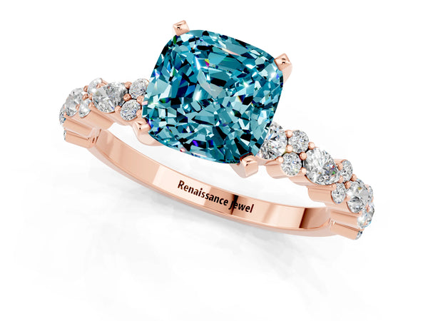 Rose gold Cushion Cut Blue Topaz Side Stone Solitaire Ring with Round  and Four-Prong Setting