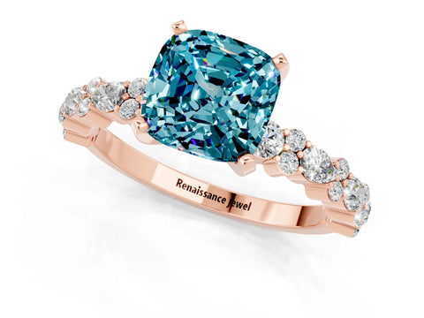 Rose gold Cushion Cut Blue Topaz Solitaire with Side Stones, Pave Band, Four-Prong Setting_37
