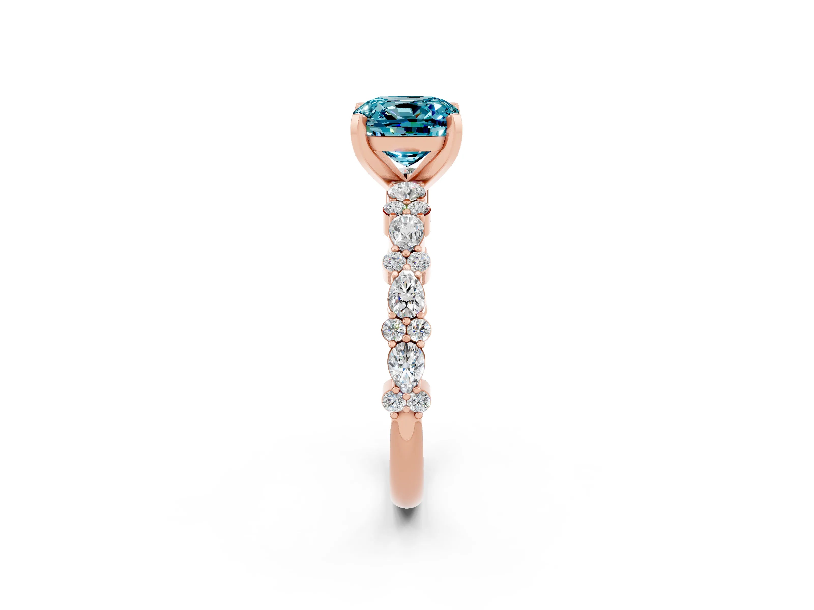 Rose gold Cushion Cut Blue Topaz Solitaire with Side Stones, Pave Band, Four-Prong Setting_38