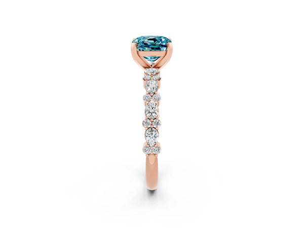 Rose gold Cushion Cut Blue Topaz Side Stone Solitaire Ring with Round  and Four-Prong Setting