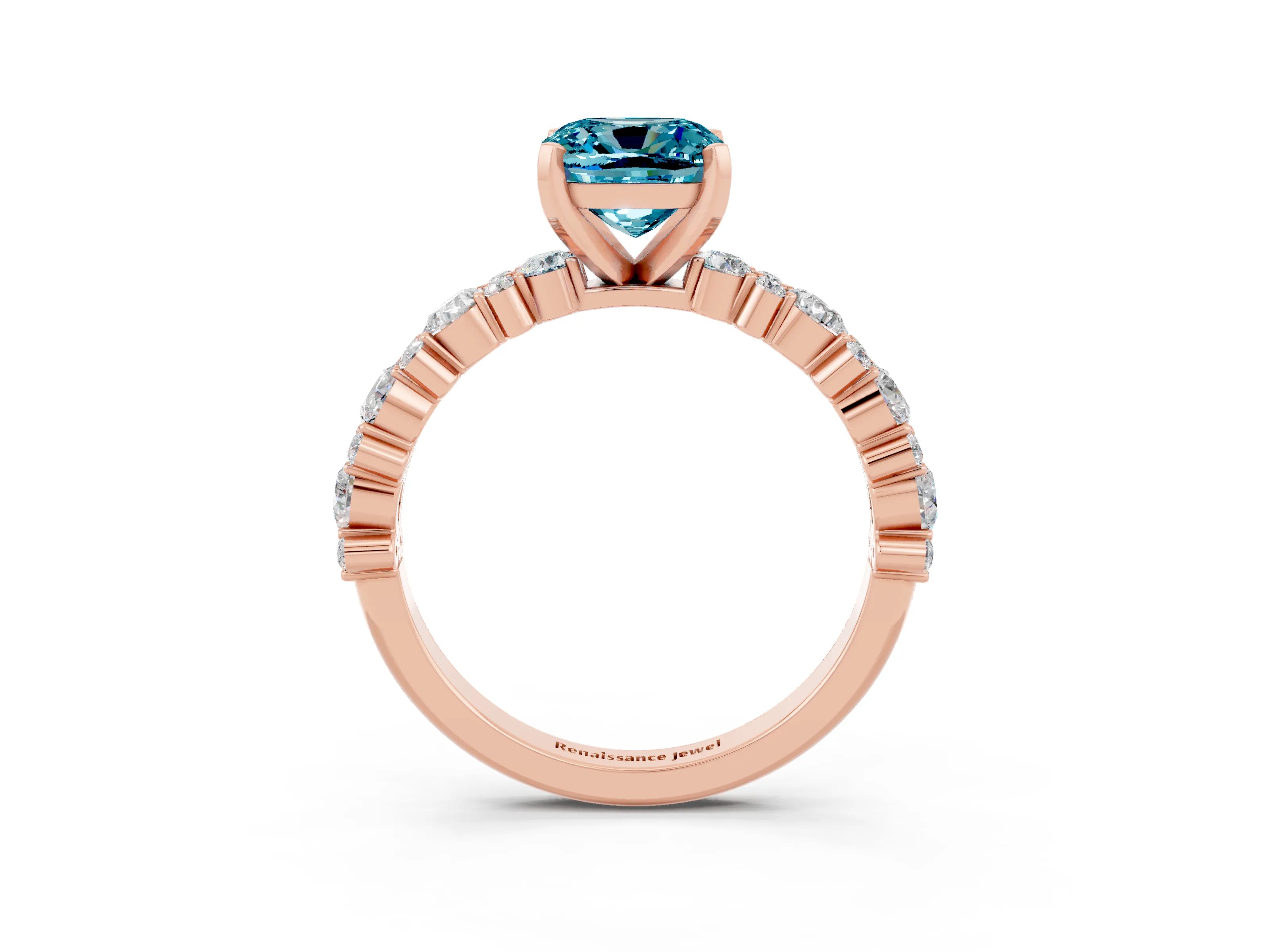 Rose gold Cushion Cut Blue Topaz Solitaire with Side Stones, Pave Band, Four-Prong Setting_39