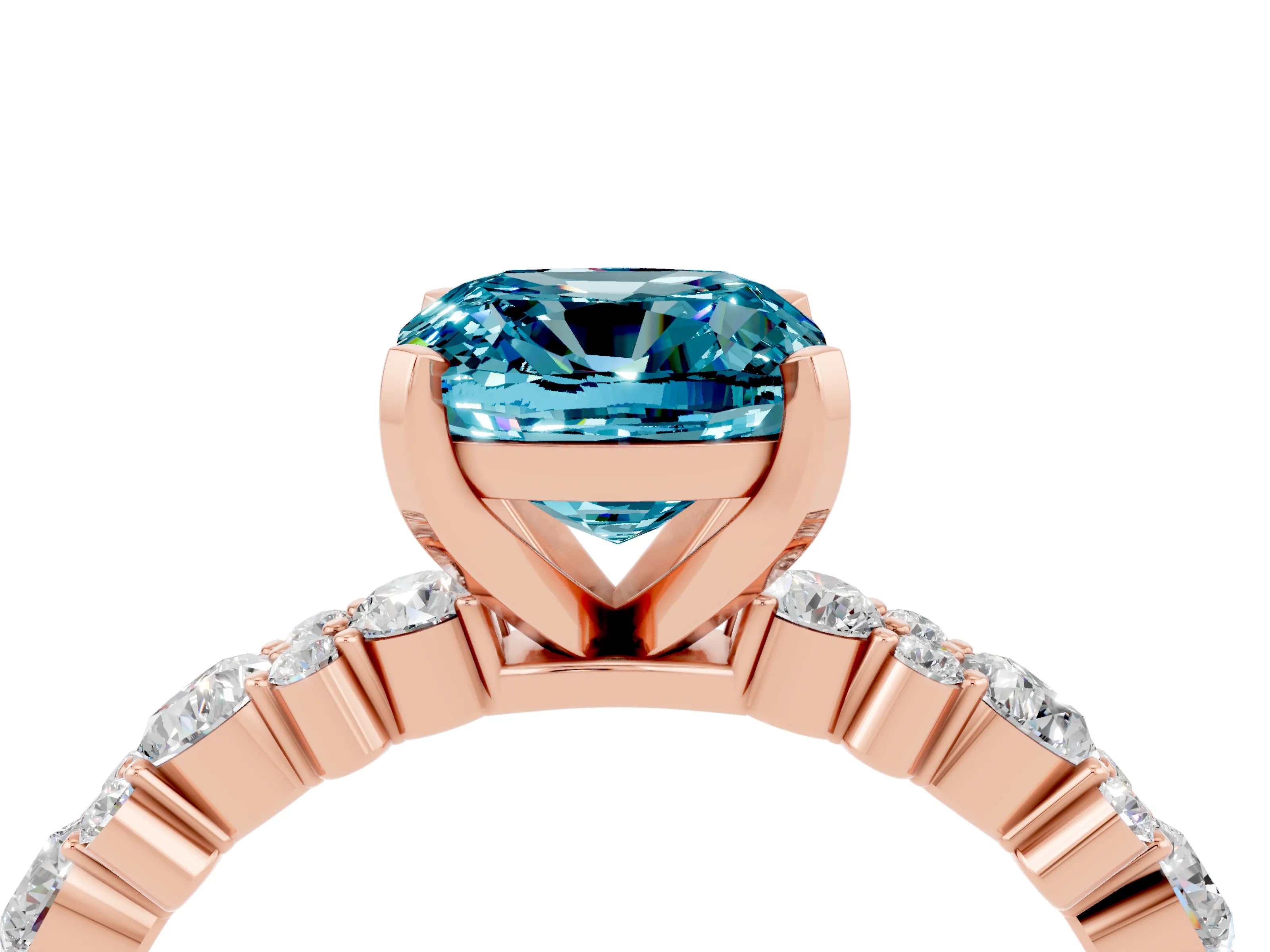 Rose gold Cushion Cut Blue Topaz Solitaire with Side Stones, Pave Band, Four-Prong Setting_40