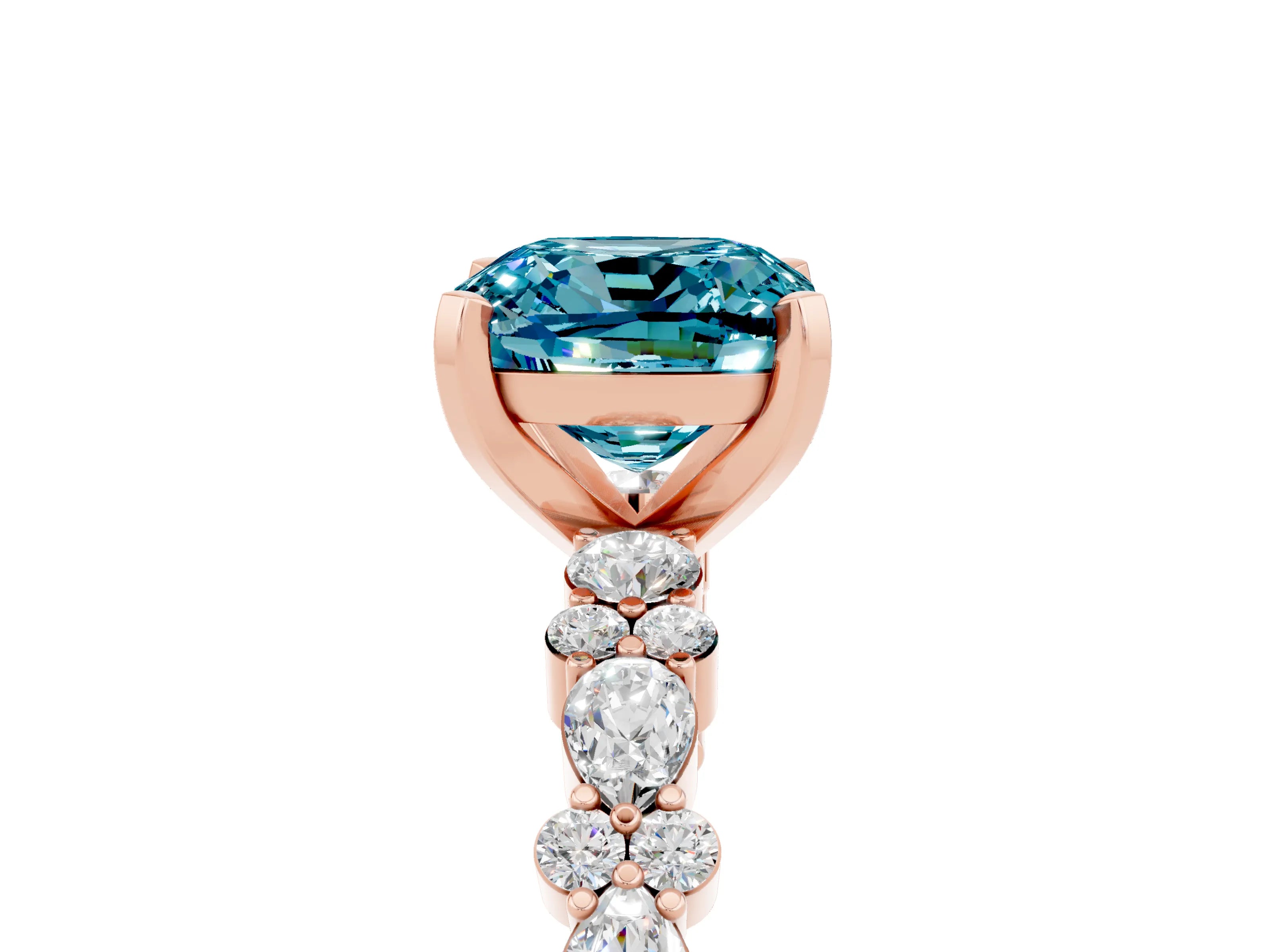 Rose gold Cushion Cut Blue Topaz Solitaire with Side Stones, Pave Band, Four-Prong Setting_41