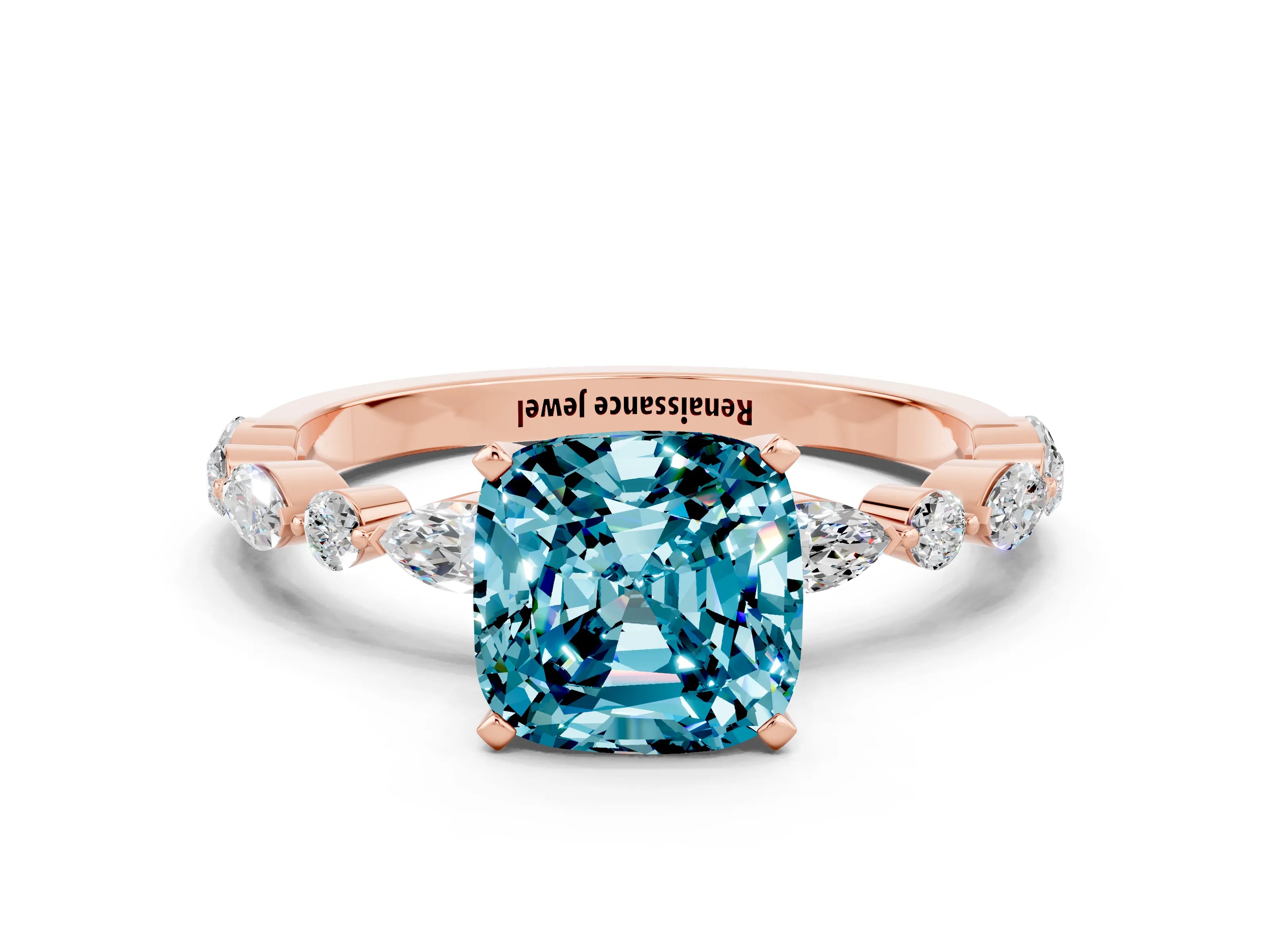Rose gold Cushion Cut Blue Topaz Solitaire with Side Stones on a Pavé Band and Four-Prong Setting