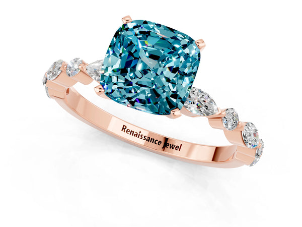 Rose gold Cushion Cut Blue Topaz Ring with Marquise and Round  Side Stones and Four-Prong Setting