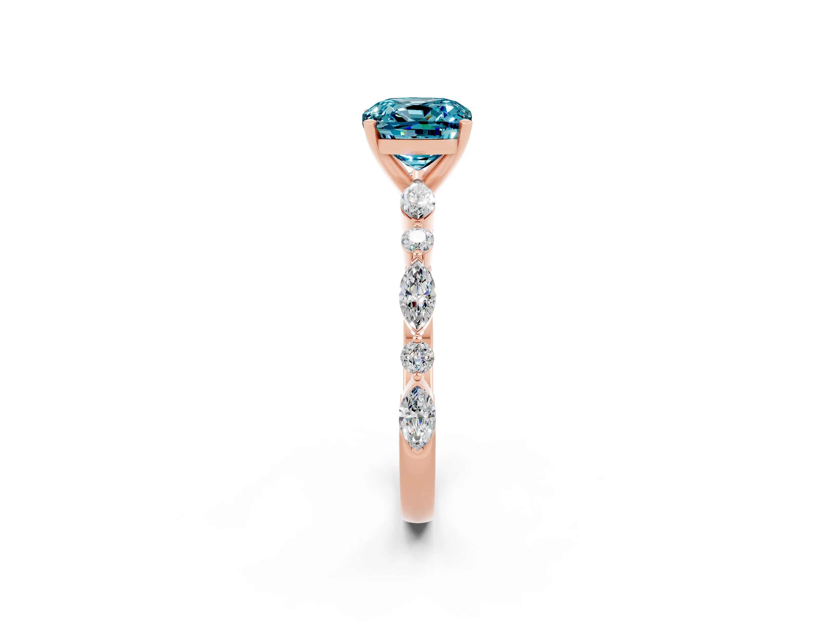 Rose gold Cushion Cut Blue Topaz Solitaire with Side Stones on a Pavé Band and Four-Prong Setting_2