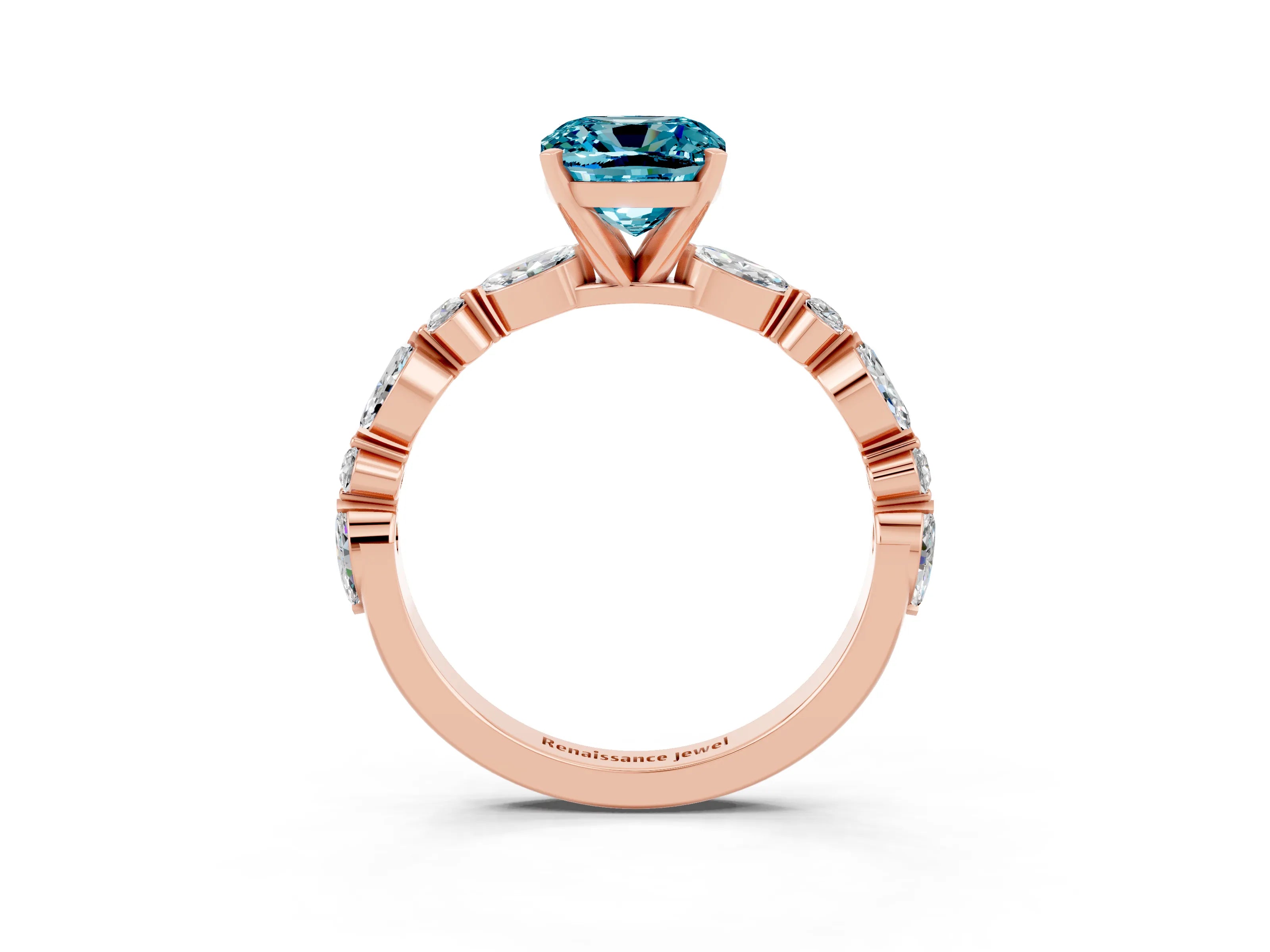 Rose gold Cushion Cut Blue Topaz Solitaire with Side Stones on a Pavé Band and Four-Prong Setting_3