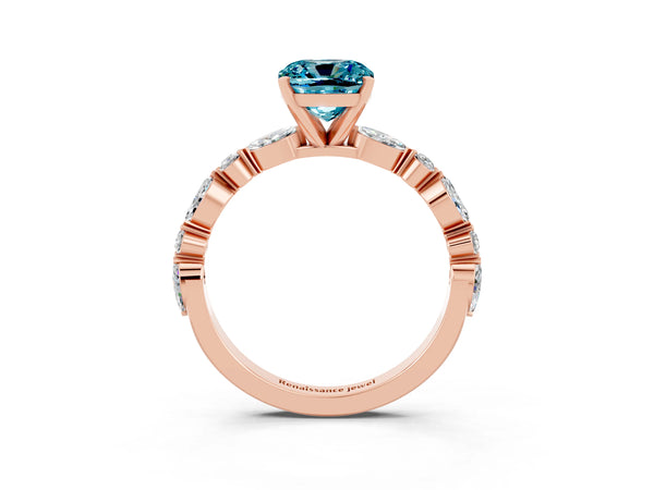 Rose gold Cushion Cut Blue Topaz Ring with Marquise and Round  Side Stones and Four-Prong Setting