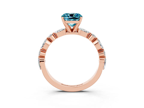 Rose gold Cushion Cut Blue Topaz Solitaire with Side Stones on a Pavé Band and Four-Prong Setting_3
