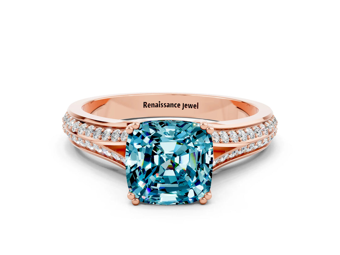 Rose gold Cushion Cut Blue Topaz Split Shank Engagement Ring with Pavé Band