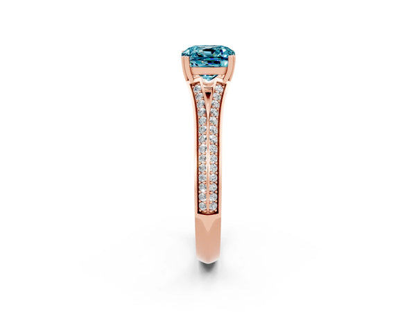 Rose gold Cushion Cut Blue Topaz Split Shank Engagement Ring with Pavé Band