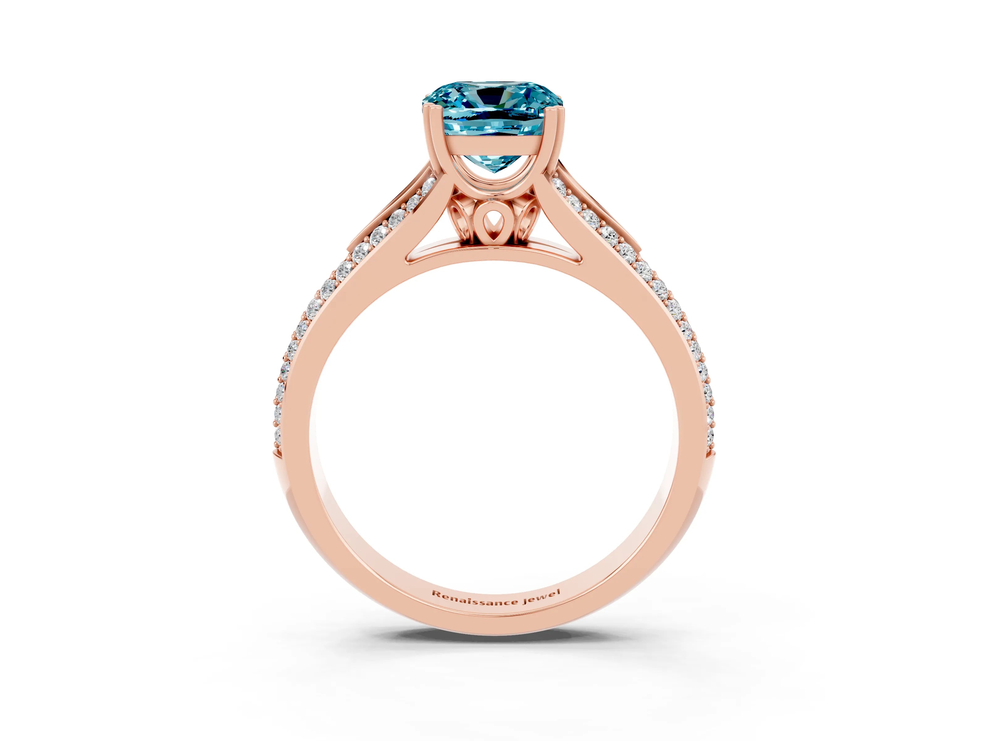 Rose gold Cushion Cut Blue Topaz Split Shank Engagement Ring with Pavé Band_3
