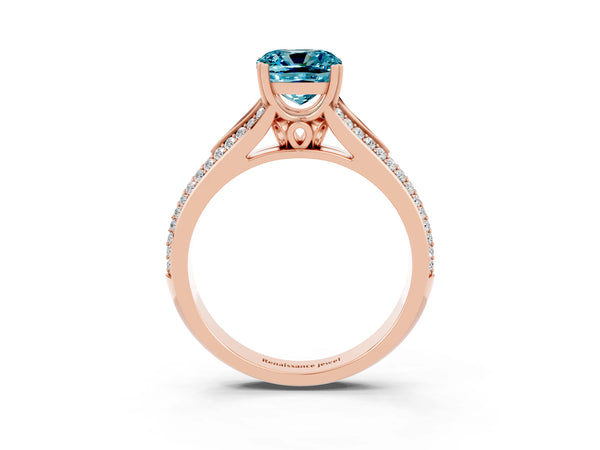 Rose gold Cushion Cut Blue Topaz Split Shank Engagement Ring with Pavé Band