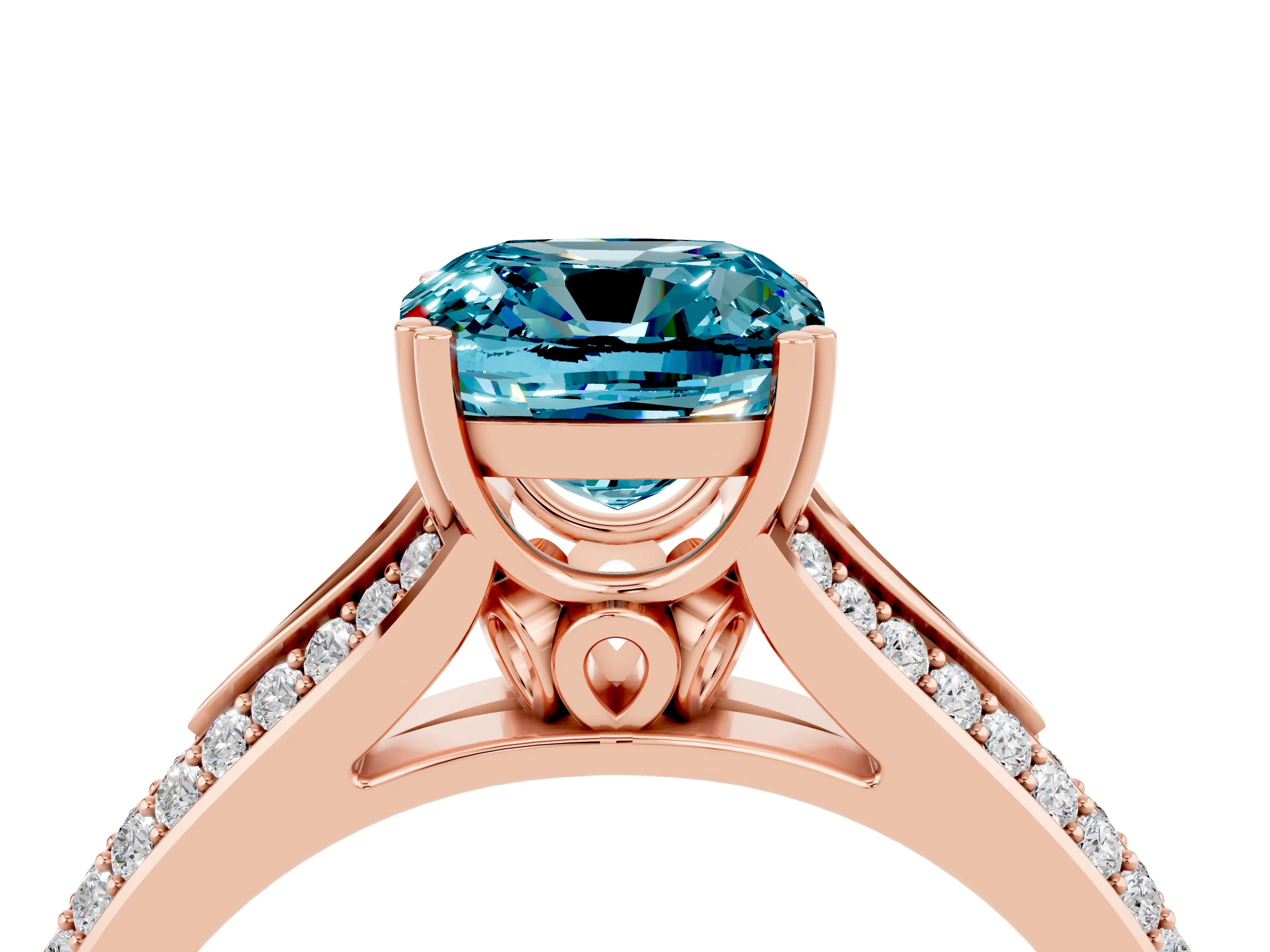 Rose gold Cushion Cut Blue Topaz Split Shank Engagement Ring with Pavé Band_4