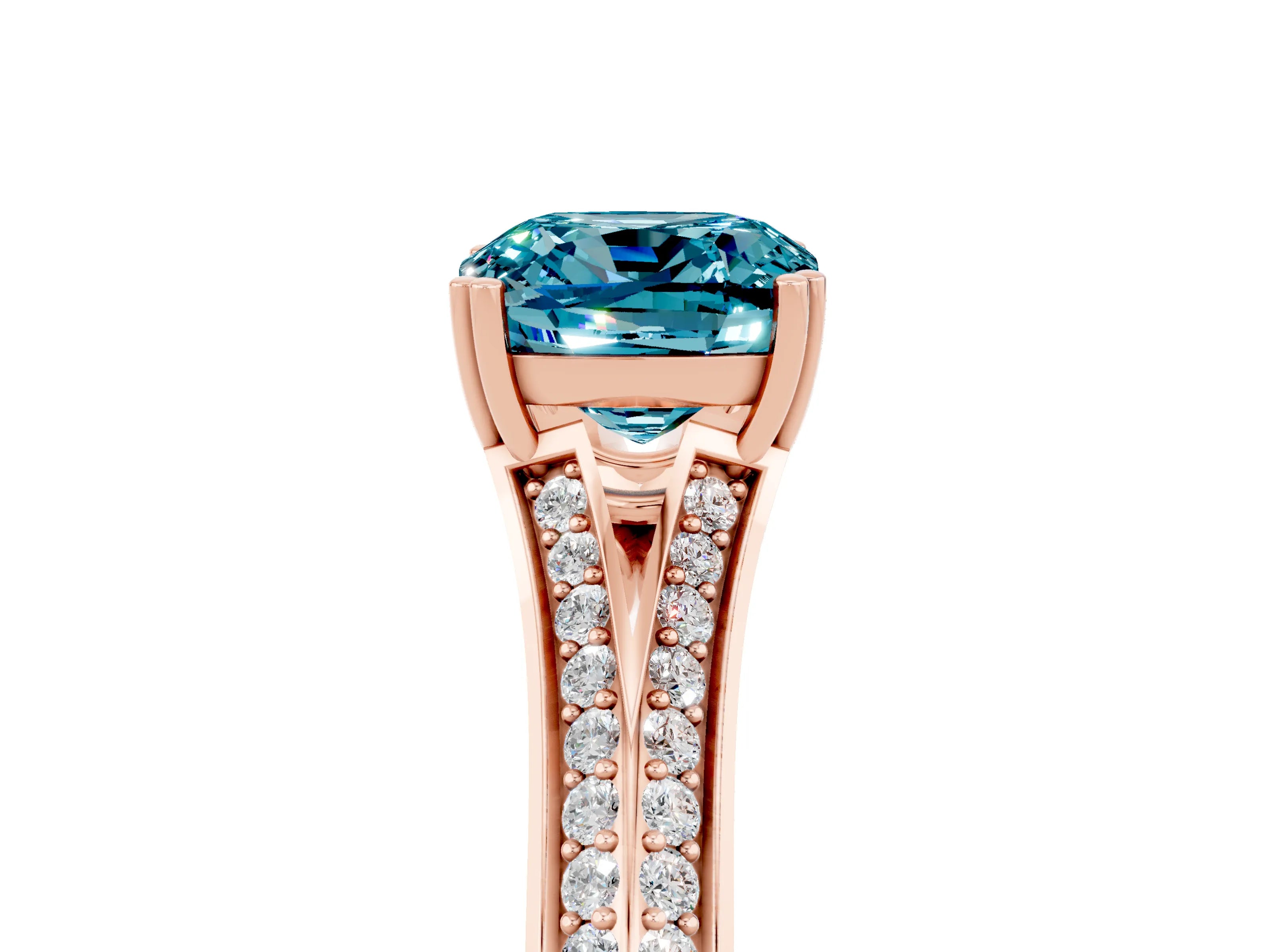 Rose gold Cushion Cut Blue Topaz Split Shank Engagement Ring with Pavé Band_5