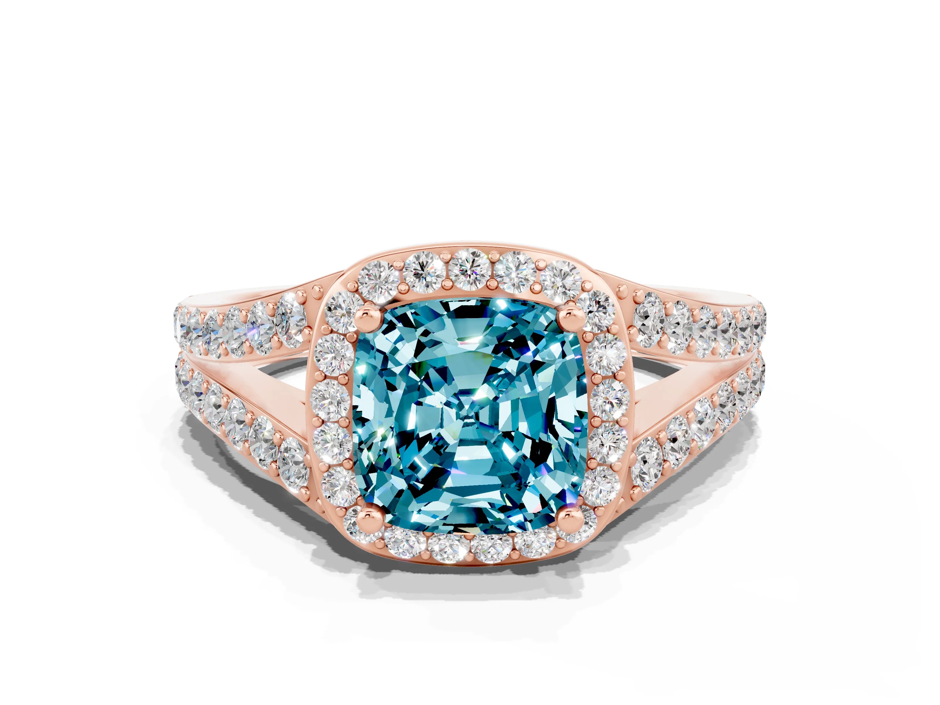 Rose gold Cushion Cut Blue Topaz Split Shank Halo Ring with Four-Prong Setting_12