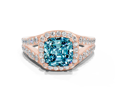 Rose gold Cushion Cut Blue Topaz Split Shank Halo Ring with Four-Prong Setting_12
