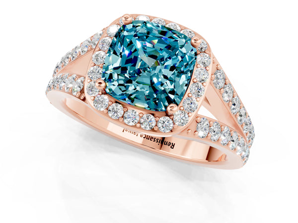 Rose gold Cushion Cut Blue Topaz Split Shank Halo Ring with Four-Prong Setting