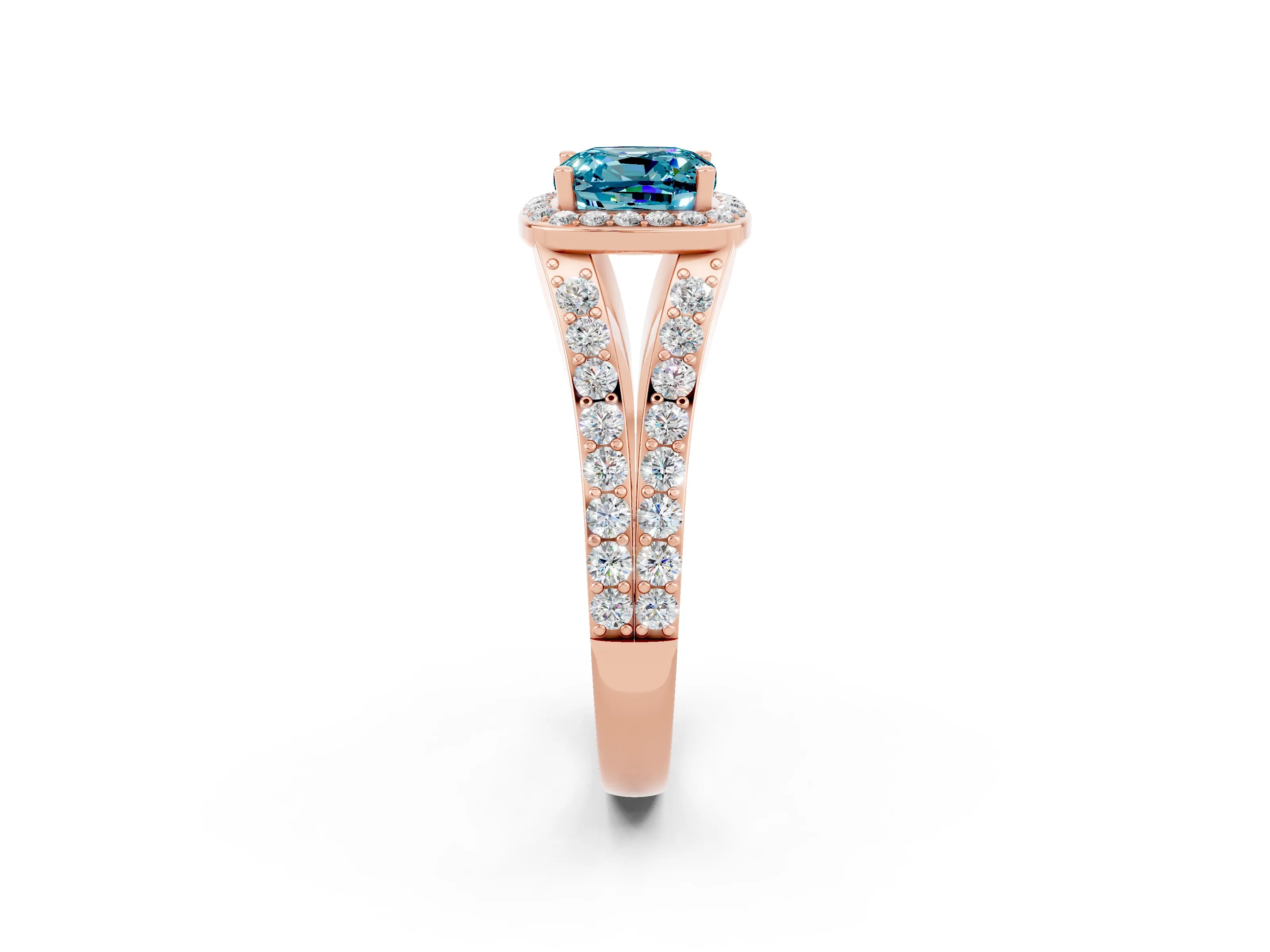 Rose gold Cushion Cut Blue Topaz Split Shank Halo Ring with Four-Prong Setting_14