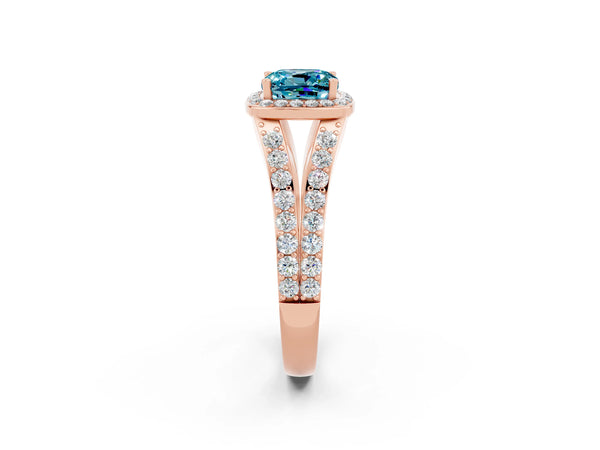 Rose gold Cushion Cut Blue Topaz Split Shank Halo Ring with Four-Prong Setting