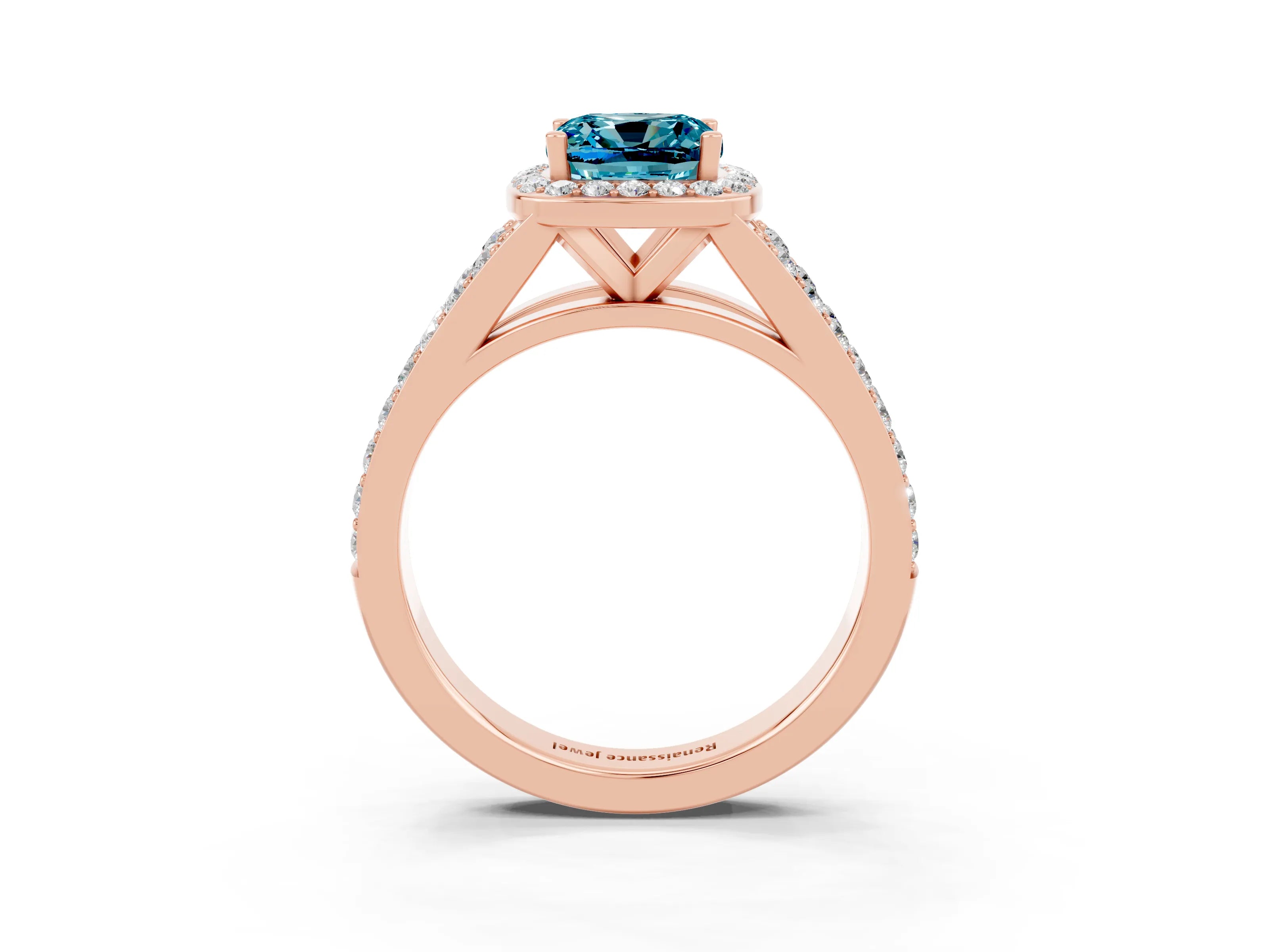 Rose gold Cushion Cut Blue Topaz Split Shank Halo Ring with Four-Prong Setting_15