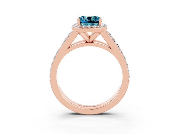 Rose gold Cushion Cut Blue Topaz Split Shank Halo Ring with Four-Prong Setting