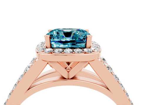 Rose gold Cushion Cut Blue Topaz Split Shank Halo Ring with Four-Prong Setting_16