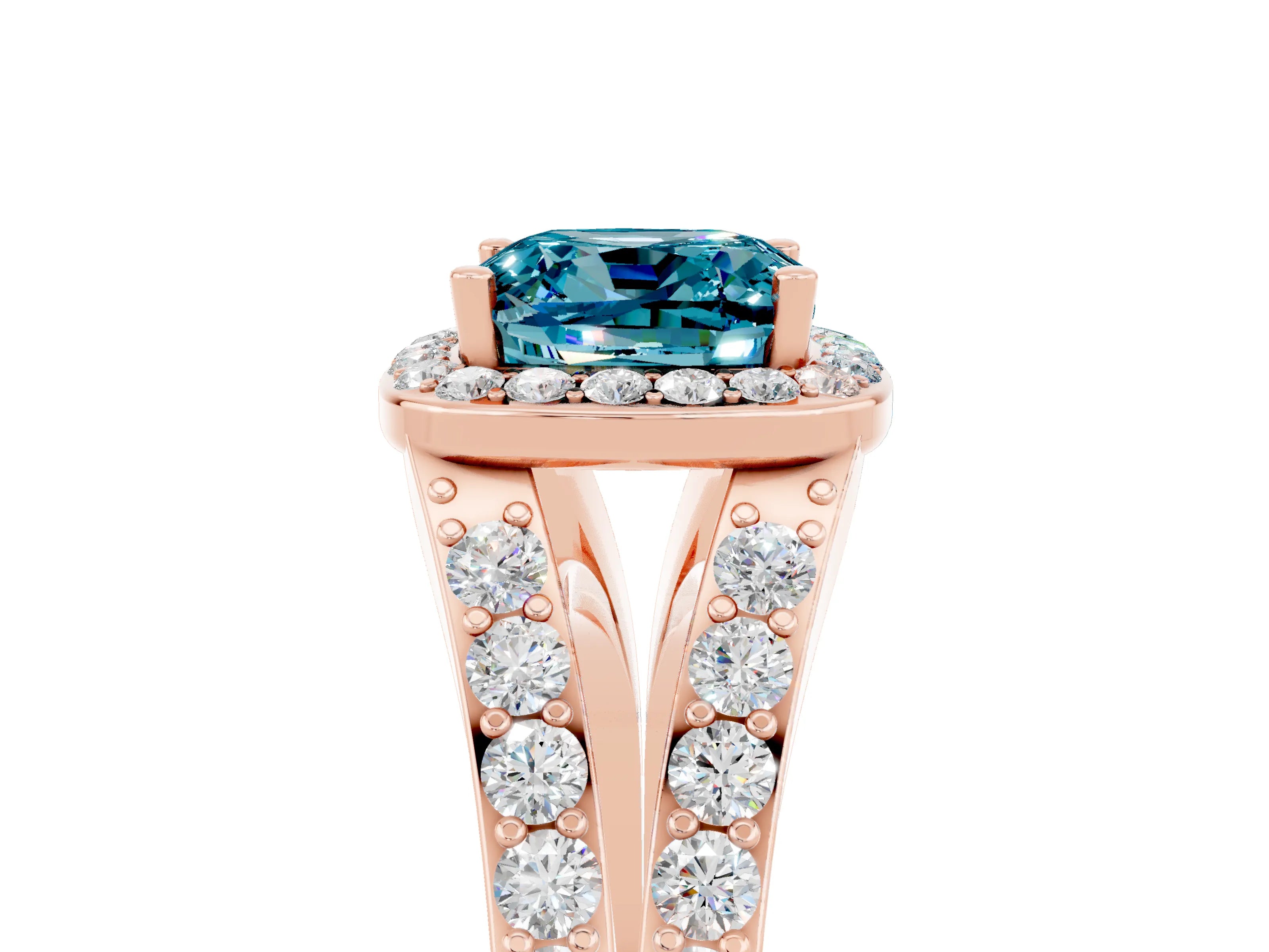 Rose gold Cushion Cut Blue Topaz Split Shank Halo Ring with Four-Prong Setting_17