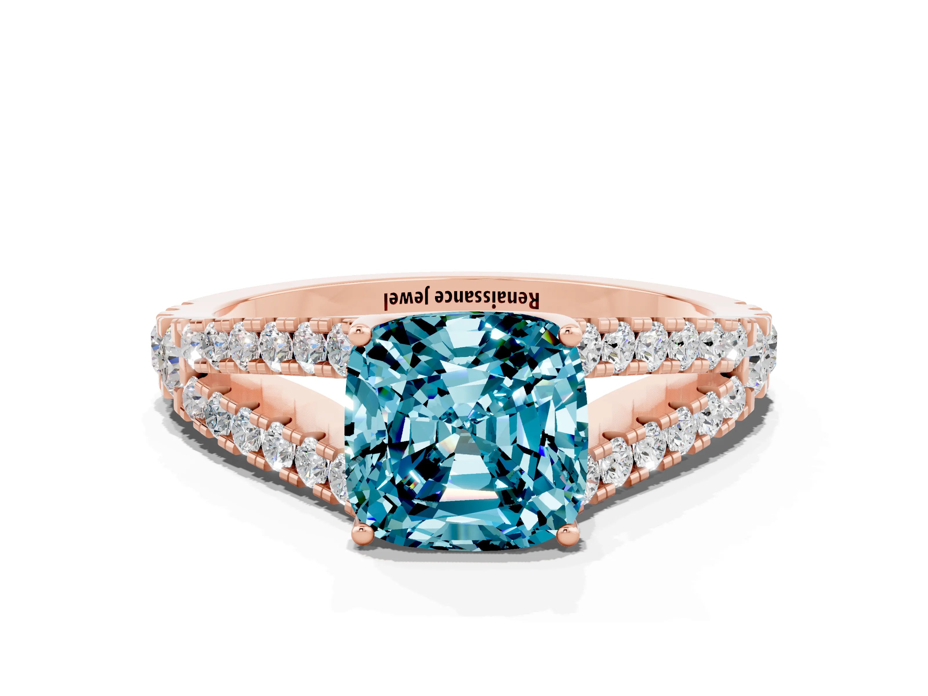 Rose gold Cushion Cut Blue Topaz Split Shank Pavé Engagement Ring with Four-Prong Setting_12