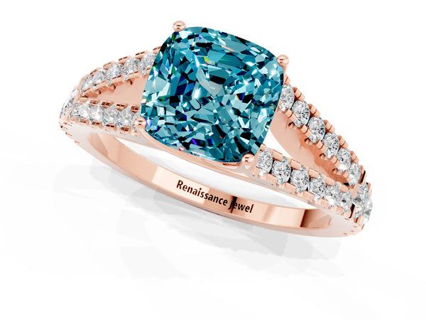 Rose gold Cushion Cut Blue Topaz Split Shank Pavé Engagement Ring with Four-Prong Setting