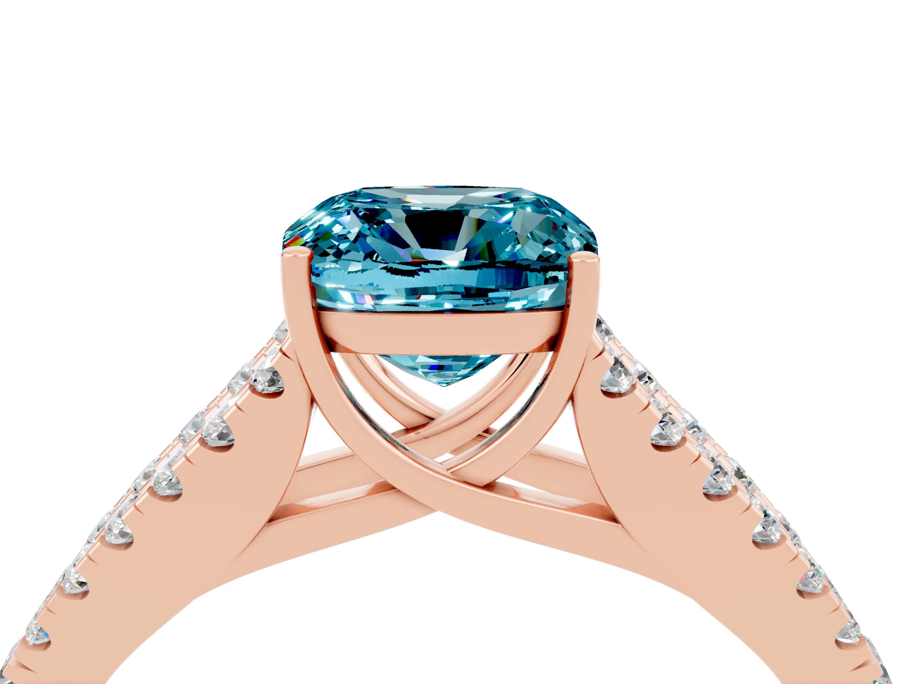 Rose gold Cushion Cut Blue Topaz Split Shank Pavé Engagement Ring with Four-Prong Setting_16