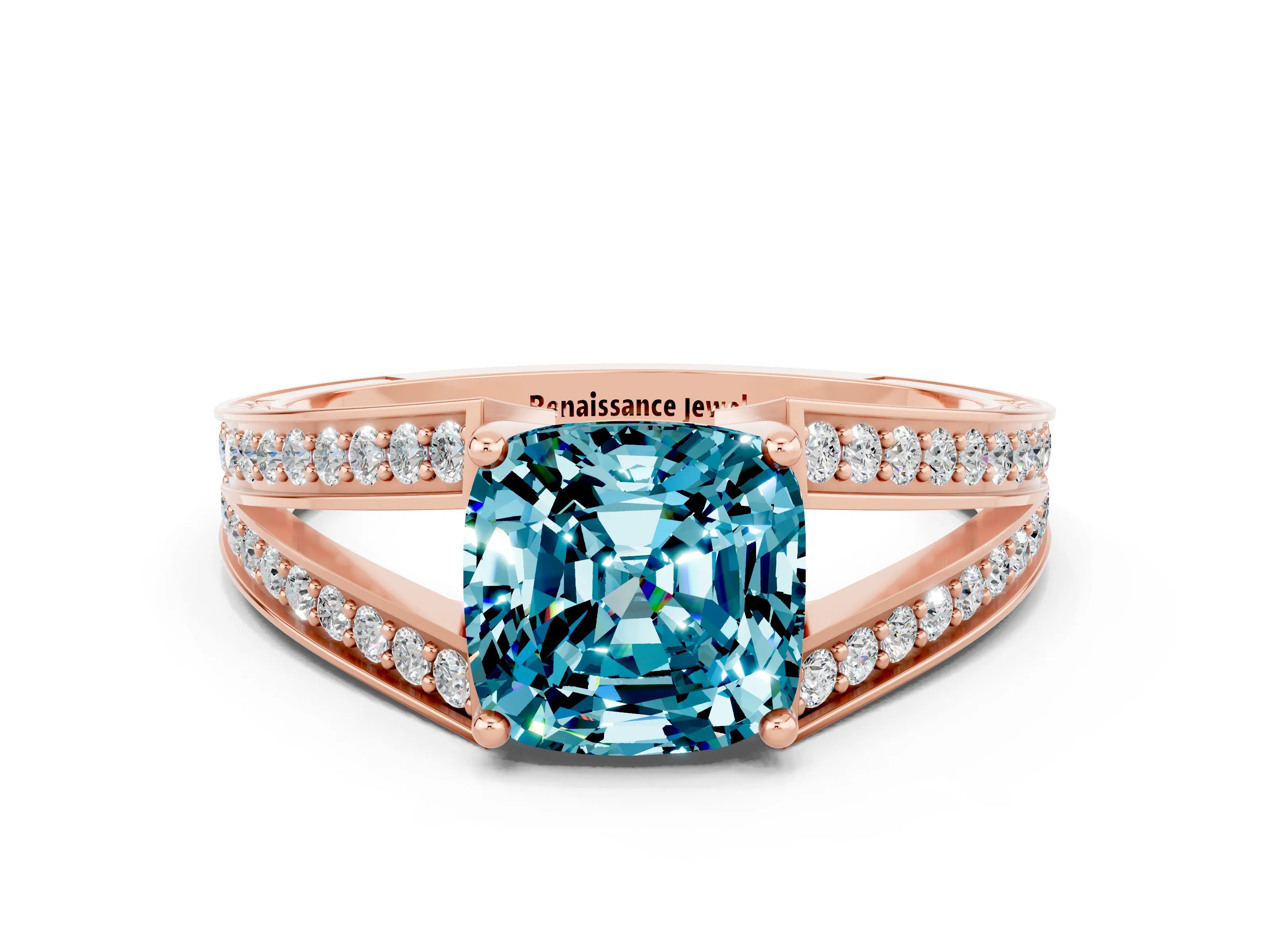 Rose gold Cushion Cut Blue Topaz Split Shank Ring with Pavé Band and Four-Prong Setting