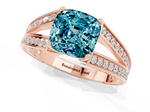 Rose gold Cushion Cut Blue Topaz Split Shank Ring with Pavé Band and Four-Prong Setting_1