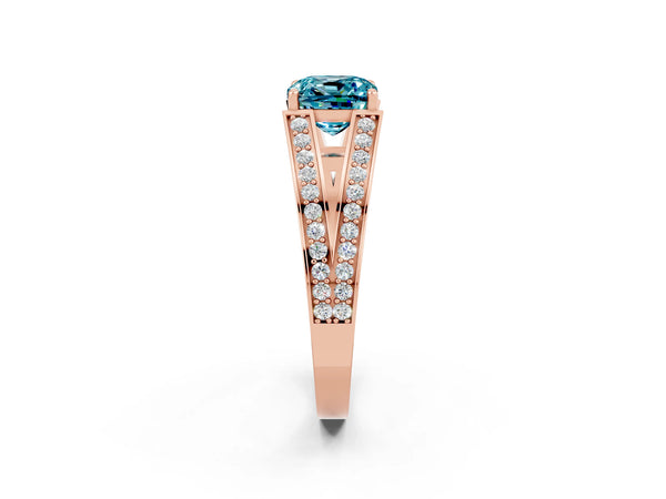 Rose gold Cushion Cut Blue Topaz Split Shank Ring with Pavé Band and Four-Prong Setting