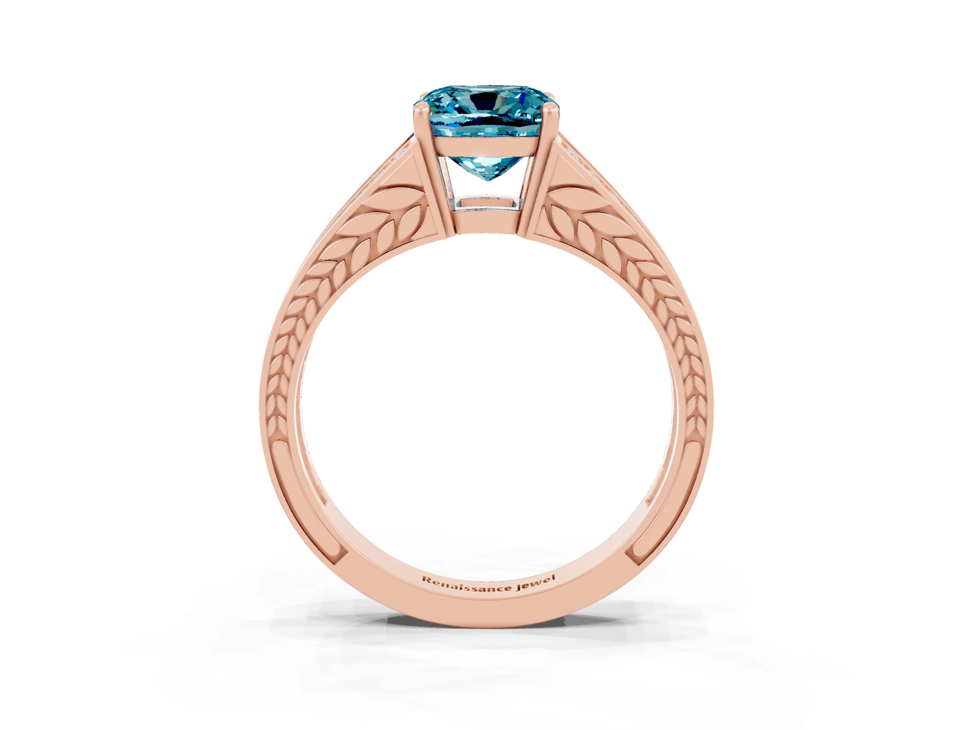 Rose gold Cushion Cut Blue Topaz Split Shank Ring with Pavé Band and Four-Prong Setting_3