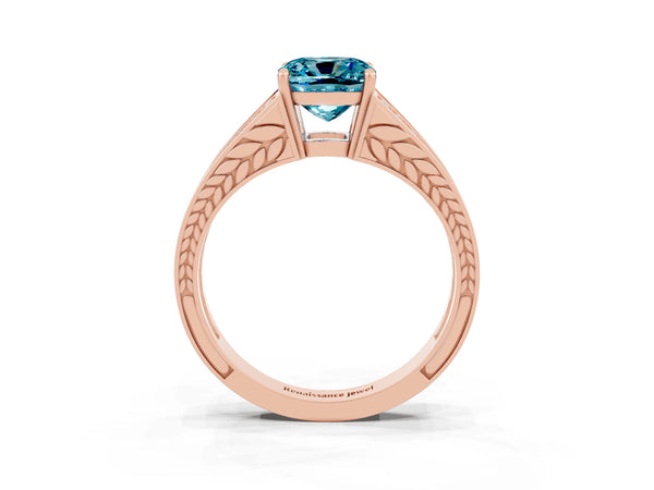 Rose gold Cushion Cut Blue Topaz Split Shank Ring with Pavé Band and Four-Prong Setting
