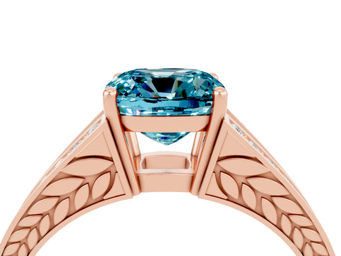 Rose gold Cushion Cut Blue Topaz Split Shank Ring with Pavé Band and Four-Prong Setting_4