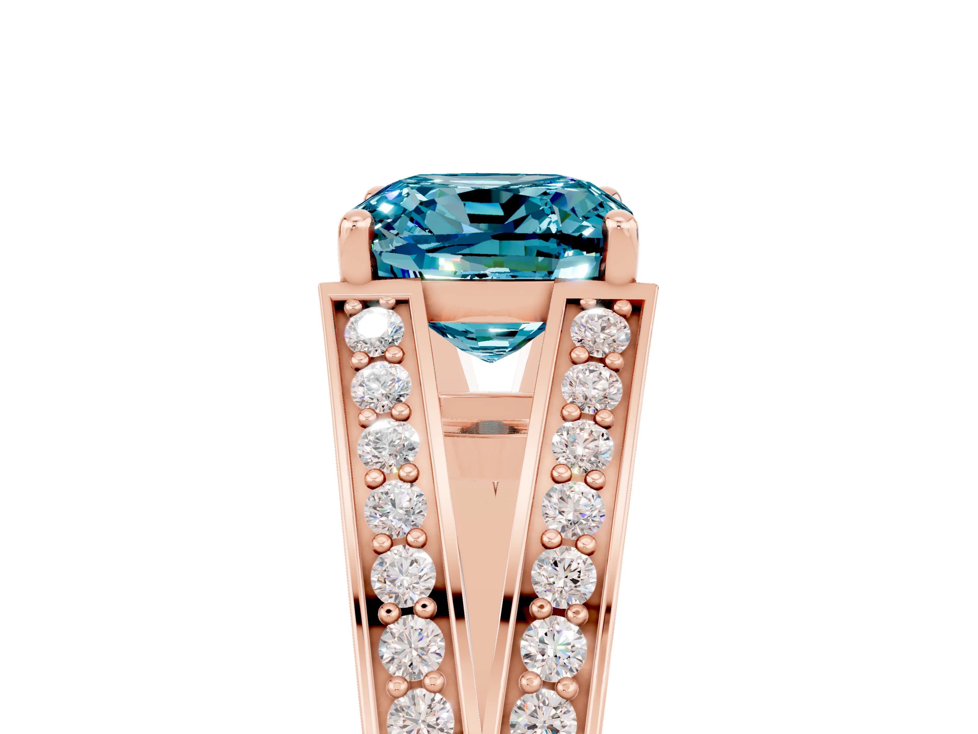 Rose gold Cushion Cut Blue Topaz Split Shank Ring with Pavé Band and Four-Prong Setting_5