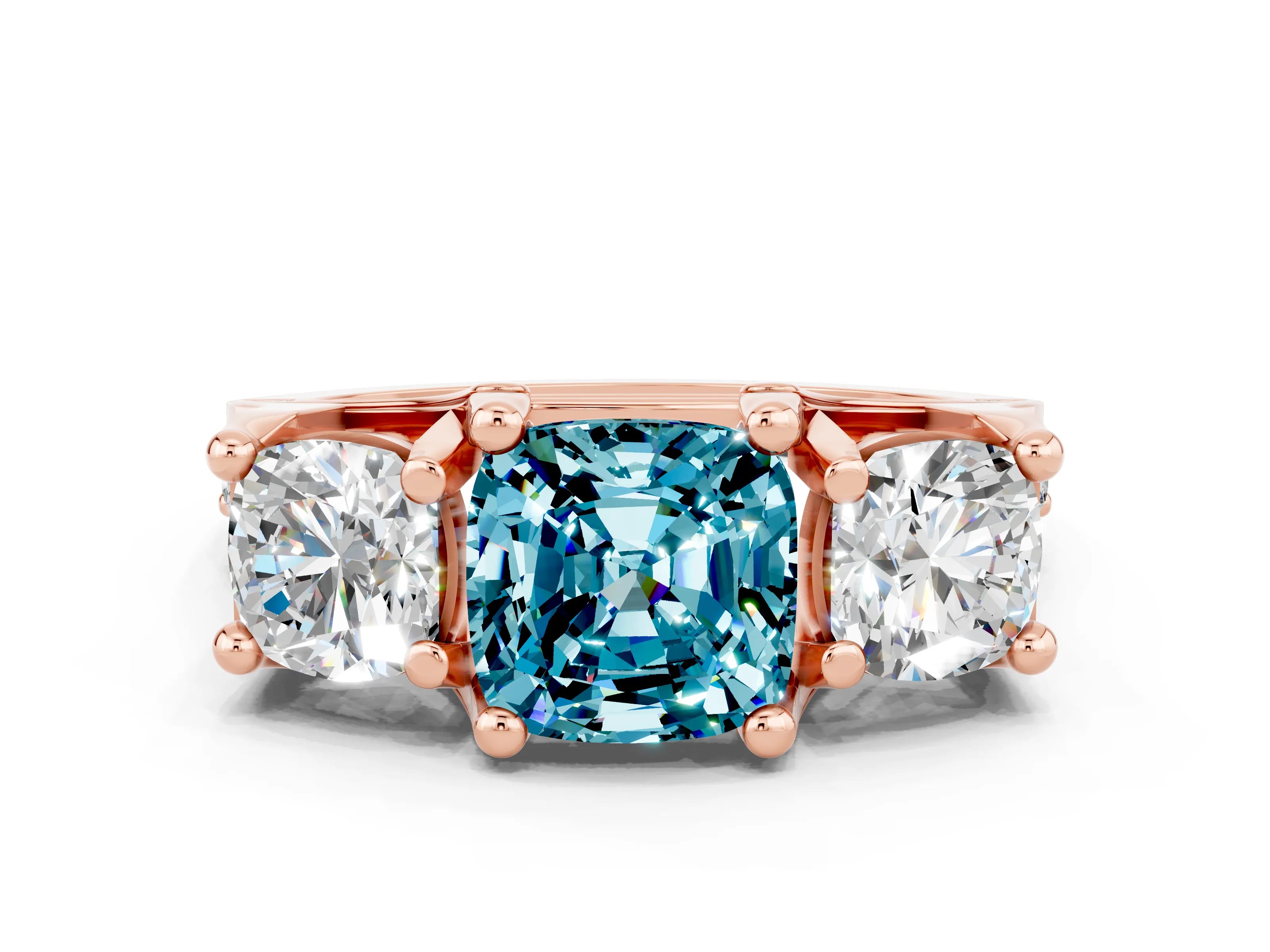 Rose gold Cushion Cut Blue Topaz Three-Stone Ring with Channel Set Band and Four-Prong Setting