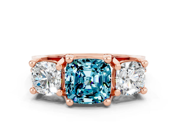 Rose gold Cushion Cut Blue Topaz Three-Stone Ring with Channel Set Band and Four-Prong Setting