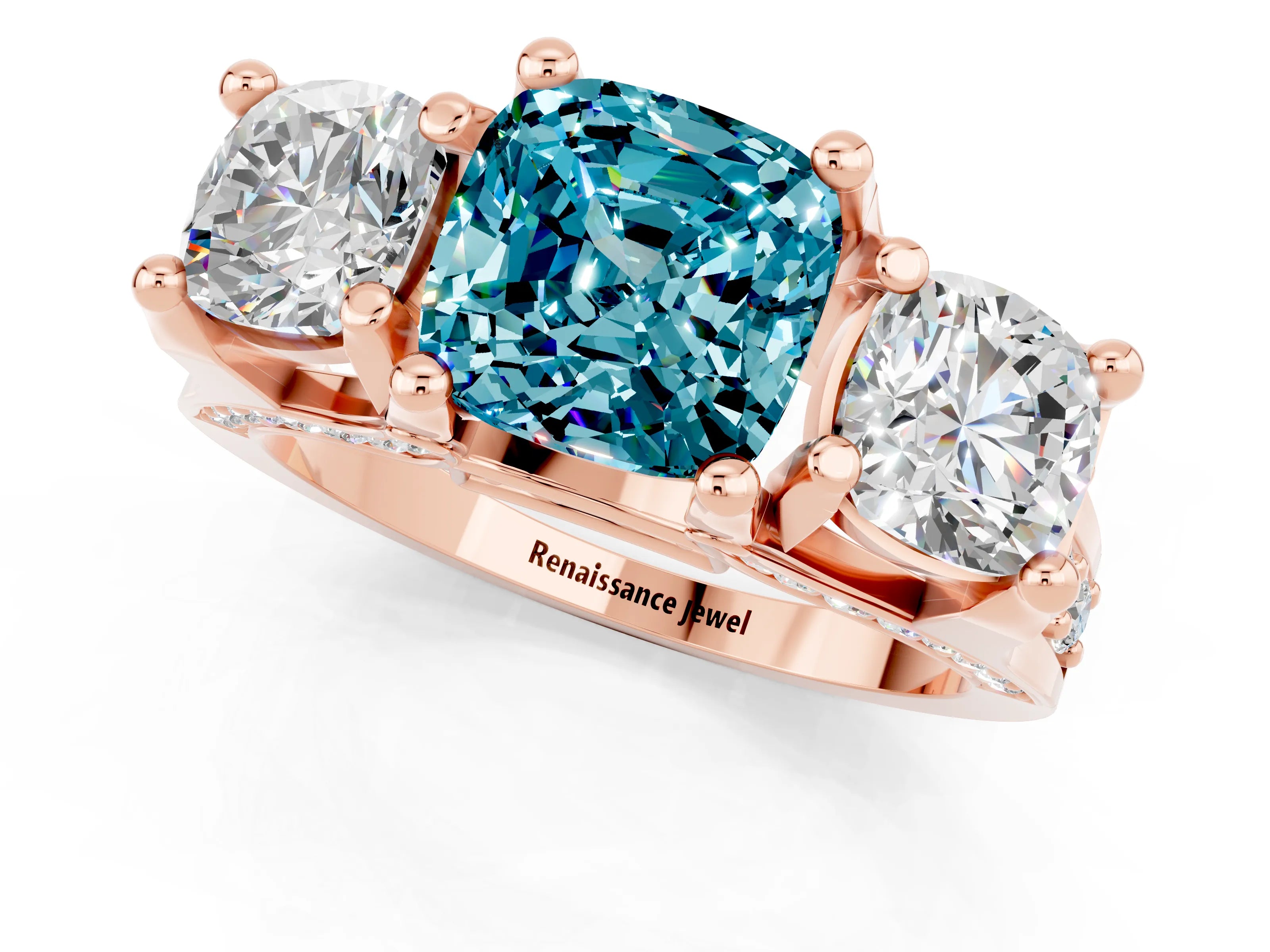 Rose gold Cushion Cut Blue Topaz Three-Stone Ring with Channel Set Band and Four-Prong Setting_1